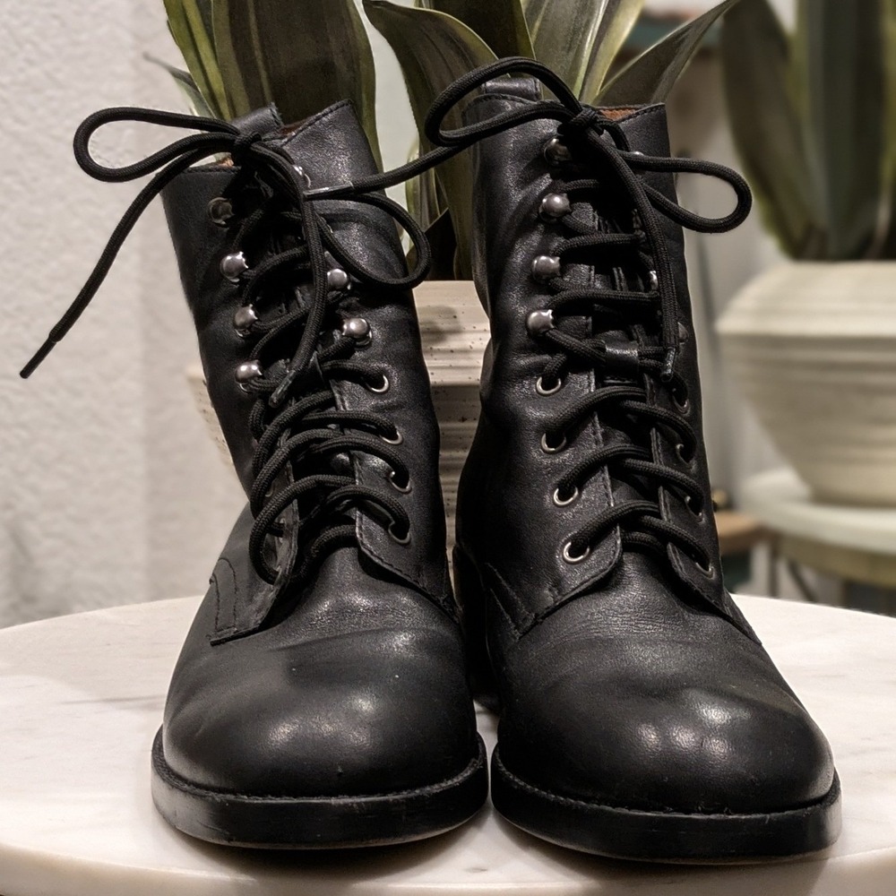 Madewell Patti Lace-Up Boots Size 8.5 Black Leather Combat Block Heel Ankle Boot - Picture 3 of 9